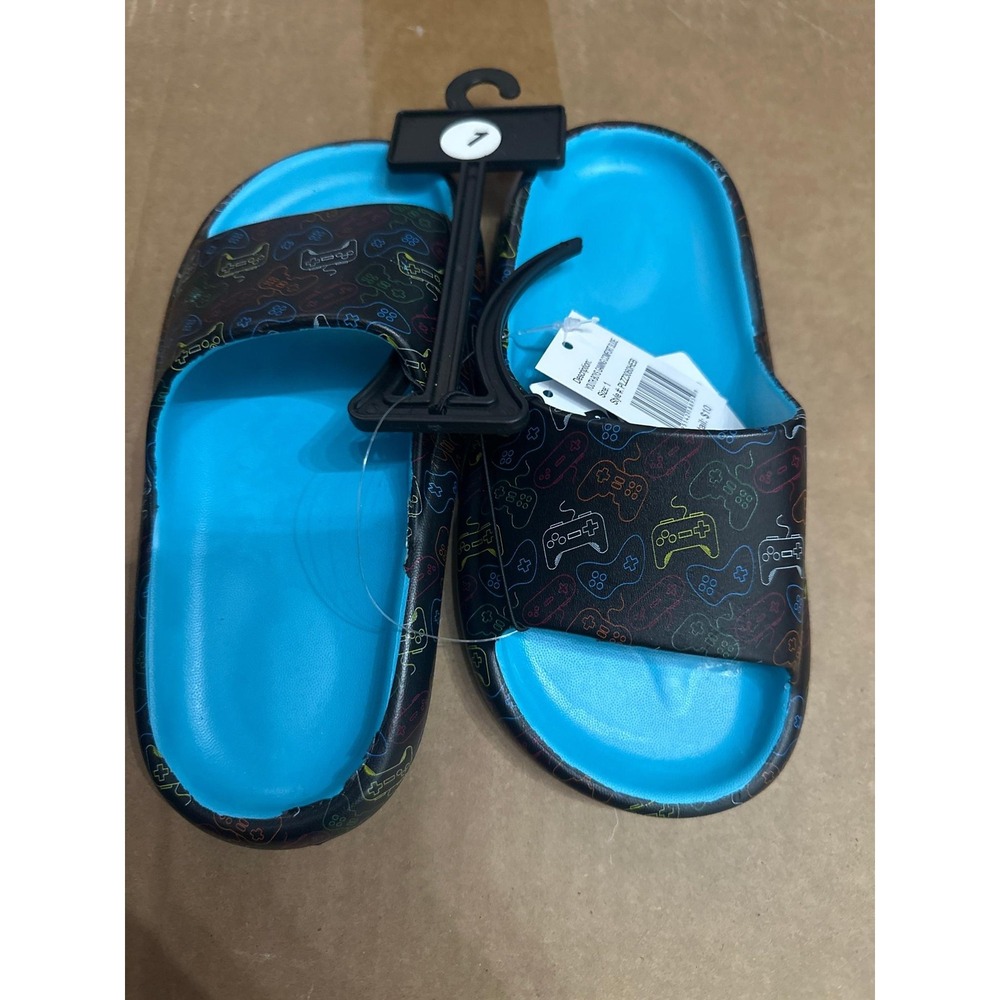 Ground Up Gaming Comfort Slides Boys Size 1 Blue Black Controller NWT